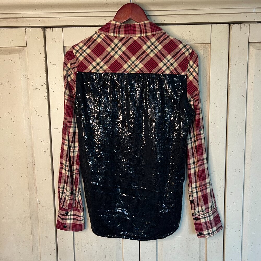 BLANKNYC Plaid Button Down Shirt with Sequin Back, Size Small